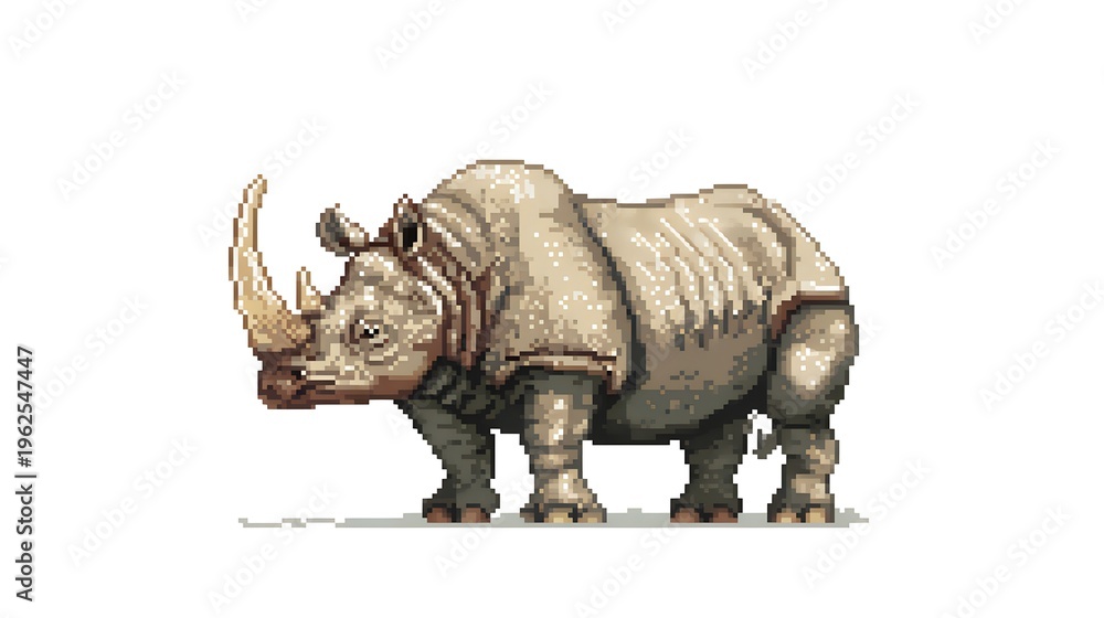 Fototapeta premium Pixel art illustration of a powerful rhinoceros with long horn.
