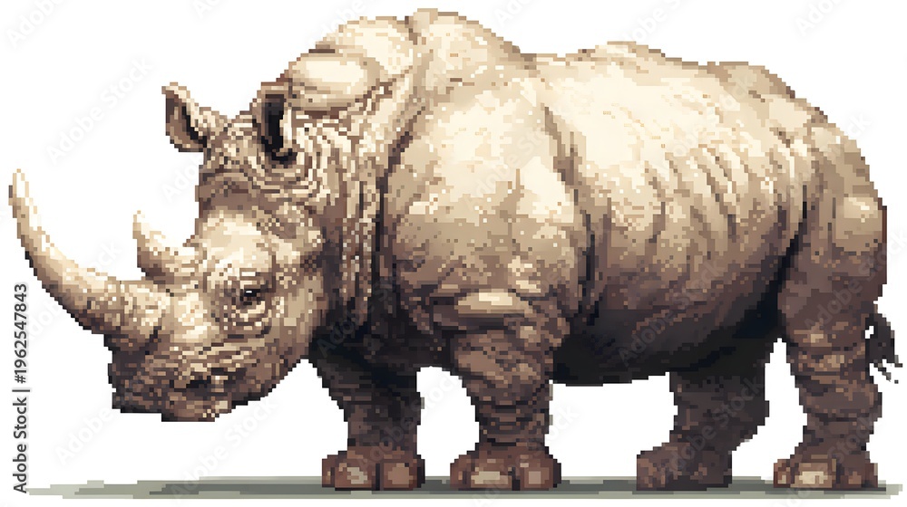 Fototapeta premium Pixel art illustration of a powerful rhinoceros with long horn.
