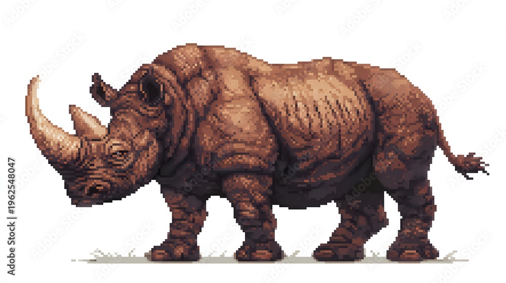 Fototapeta premium Pixel art illustration of a powerful rhinoceros with long horn.