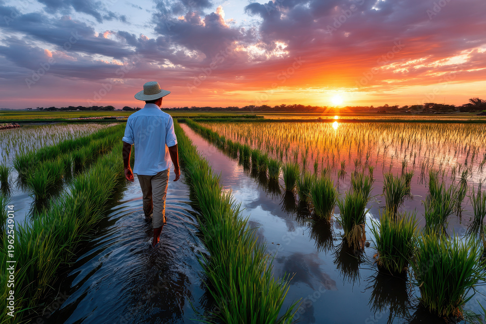Fototapeta premium Farmer walking in rice paddy at sunset