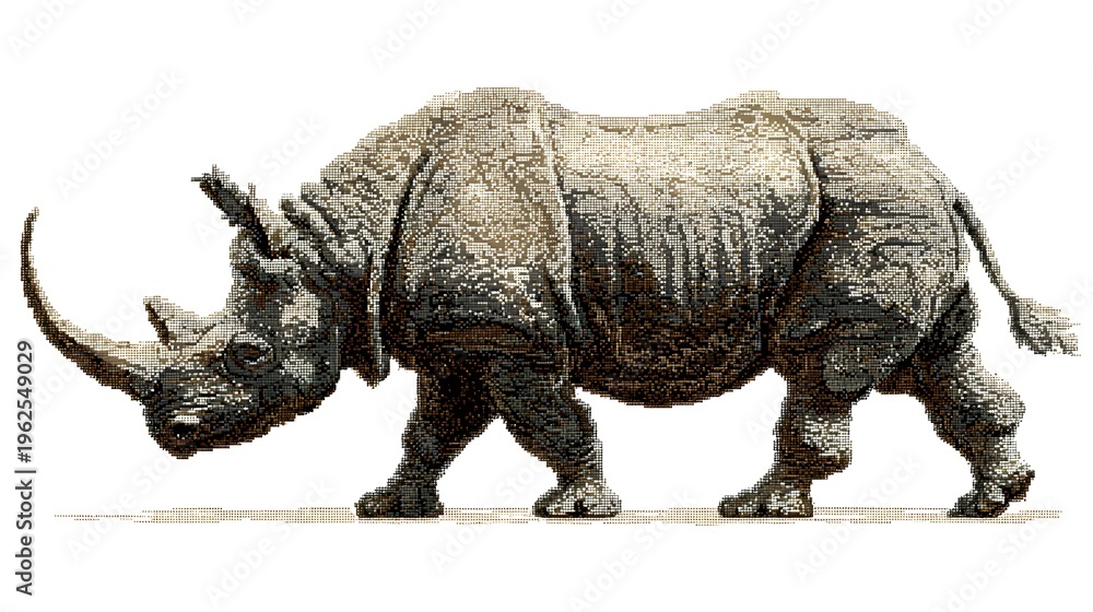 Fototapeta premium Pixel art illustration of a powerful rhinoceros with long horn.