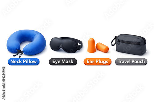 Travel sleep kit icon set. Featuring neck pillow, eye mask, ear plugs, travel pouch