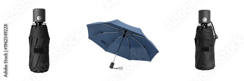 Fotografija Automatic folding blue umbrella open and closed black case isolated on white background collage set