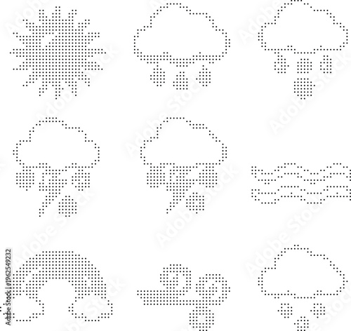 Weather Icons Pixelated Bitmap Dither Halftone Sun Cloud Rain Lightning Rainbow Vector
