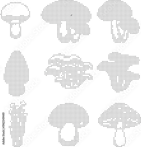 Mushroom fungi pixelated bitmap dither halftone vector icon set isolated white