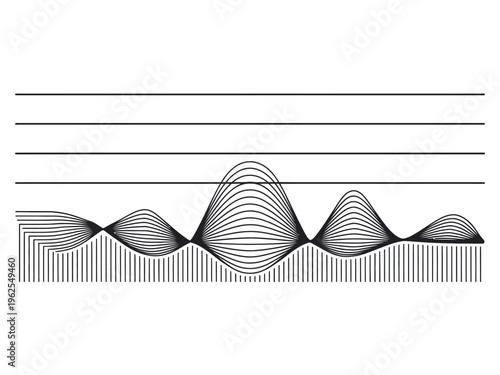 A black and white illustration of a waveform with multiple oscillations and varying amplitudes on a clean white background