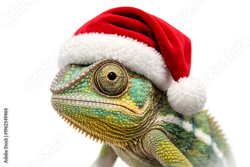 Chameleon wearing a Santa hat, green and yellow scales, isolated on white background