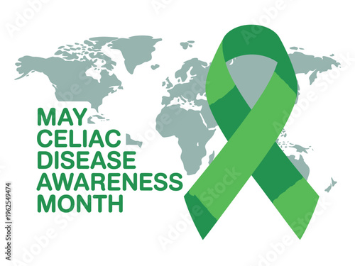 A green awareness ribbon on a world map for Celiac Disease Awareness Month