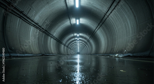 Eerie Tunnel with Reflections and Dim Lighting.