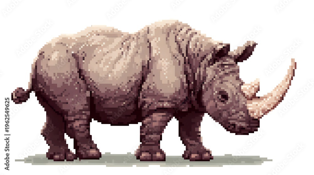 Fototapeta premium Pixel art illustration of a powerful rhinoceros with long horn.