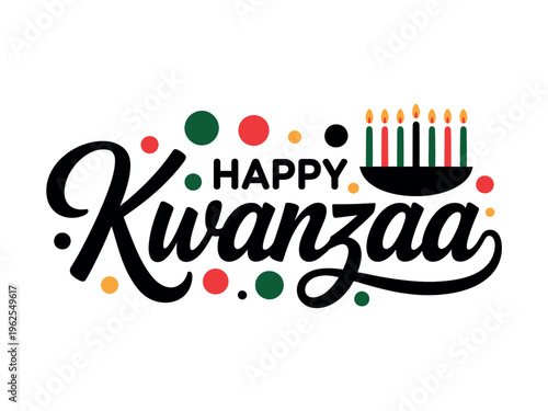 A festive Happy Kwanzaa greeting with colorful dots and lit candles