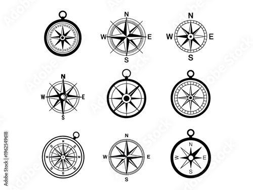 A collection of various compass illustrations on a white background