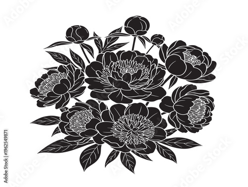 Opulent peony bouquet silhouette vector with extravagant garden inspired line art