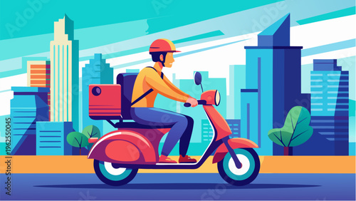 Courier delivering package on scooter in city fast delivery service urban transportation and logistics concept modern flat illustration