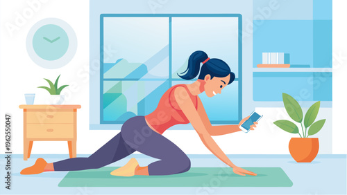Woman exercising at home with smartphone following fitness workout on yoga mat healthy lifestyle and online training concept modern flat illustration