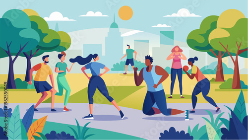 Group of people jogging and exercising in city park healthy lifestyle outdoor fitness and running activity concept flat illustration
