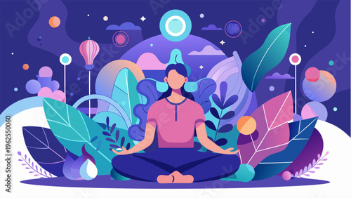 Woman meditating in nature surrounded by abstract plants and cosmic elements mindfulness relaxation and mental wellness concept flat illustration