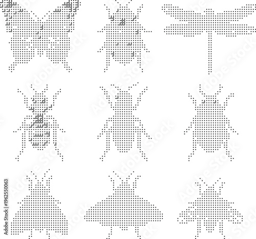 Insect bug pixelated bitmap dither halftone vector pattern icon collection isolated