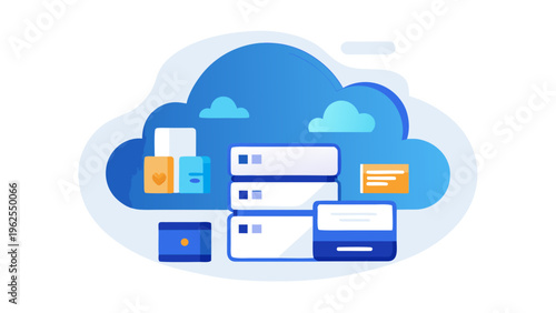 Cloud computing concept with servers and data storage online technology infrastructure and hosting service modern flat illustration