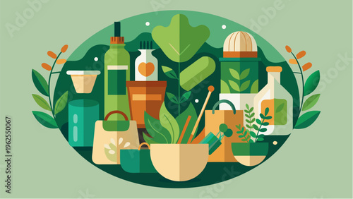 Eco friendly products and zero waste lifestyle items with natural cosmetics reusable packaging and plants sustainable living concept flat illustration