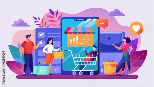 Online shopping concept with people using mobile app and cart for ecommerce purchase digital marketplace and retail illustration