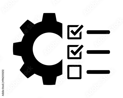 Gear settings icon with a checklist representing project management and task automation | Minimalist black silhouette | Vector graphic