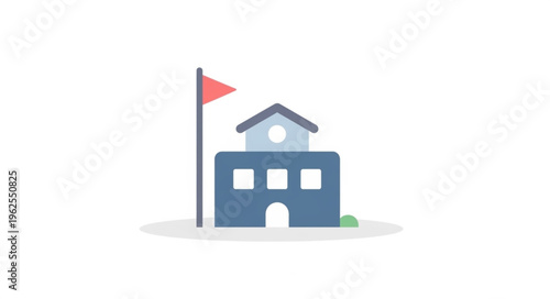Illustration of a School Building with a Flag on a White Background.