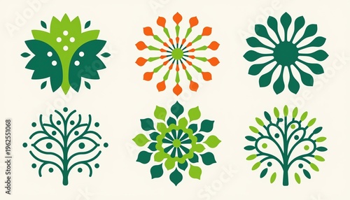 Abstract Floral Vector Patterns in Green and Orange for Design Projects