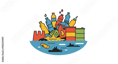 Pollution illustration waste materials floating in contaminated water