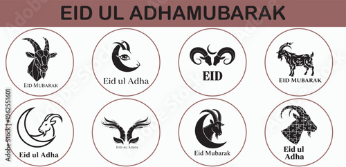 Primary: Eid ul Adha Graphic Logo Collection - Artistic Goat and Ram Silhouettes for Islamic Festival

Secondary: Eid Mubarak Creative Emblem Set - Geometric and Tribal Style Animal Icons for Sacrific