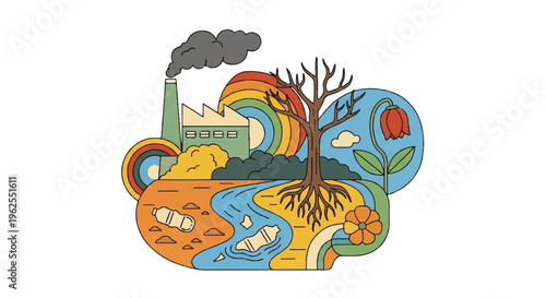 Environmental illustration showing pollution nature and the cycle of life
