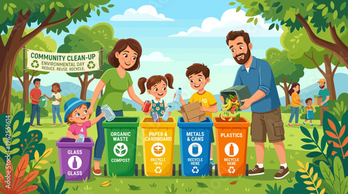 Family participating in community clean up.