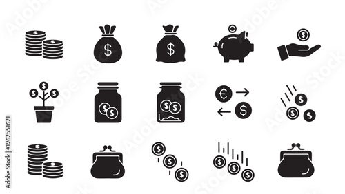 Money and savings glyph icon set for currency exchange, investment growth, coin management, and personal finance design
