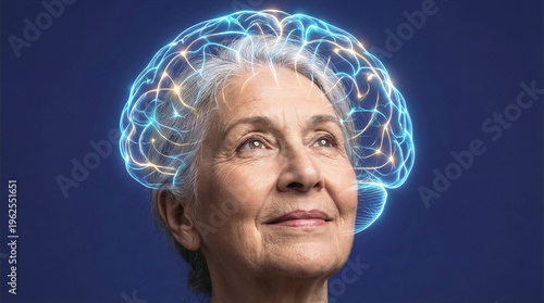 Elderly woman with digital brain hologram and neural network overlay. Cognitive health and brain activity visualization for senior mental wellness.