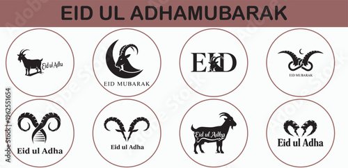 Primary: Eid ul Adha Mubarak Logo Set - Goat and Ram Silhouette Icons for Islamic Festival Secondary: Minimalist Sacrifice Feast Emblem Collection - Muslim Holiday Greeting Symbols
