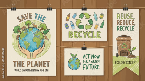 Environmental posters promoting eco-friendly actions.
