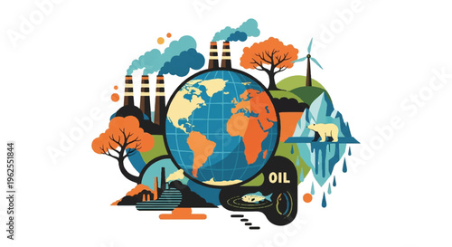 Illustrated earth depicting environmental issues and industrial pollution