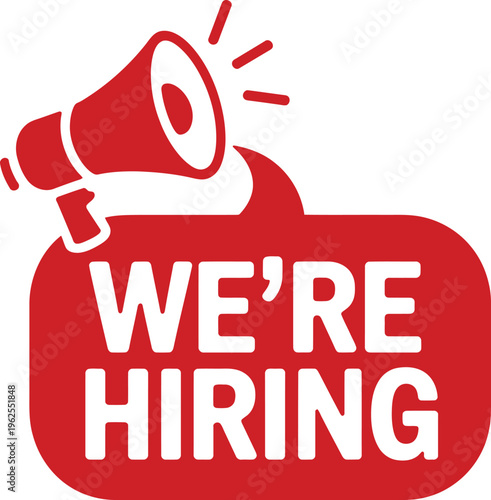 A red megaphone icon with a bold speech bubble announcing a job opening for new company staff members