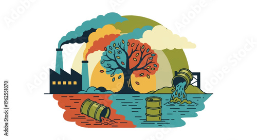 Environmental illustration pollution factory tree concept