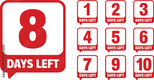 A collection of red countdown badge designs featuring numbers one to ten with the text days left below