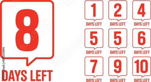 A collection of red square speech bubble icons displaying numbers representing a countdown of days remaining until an event