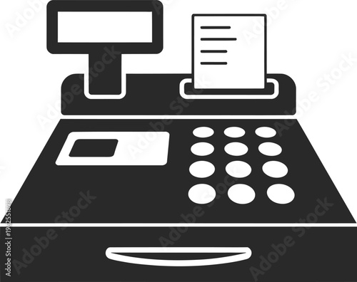 A simple black and white icon representing a retail store cash register machine used for processing customer payments
