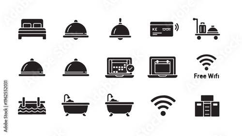 Hotel amenities and hospitality glyph icon set for room service, dining, accommodation, and guest experience design