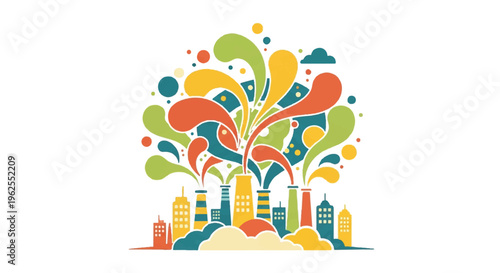 Colorful stylized cityscape with abstract elements