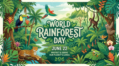 World Rainforest Day illustration with lush greenery.
