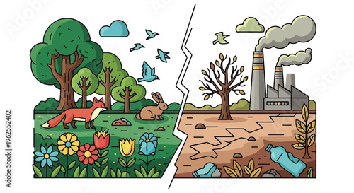 Environmental contrast illustration healthy nature versus industrial pollution