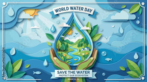 World Water Day conservation poster with hands holding water droplet and earth.
