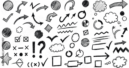 Hand drawn black and white arrows shapes and symbols