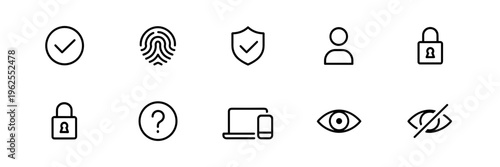 Security and User Interface Icons Set – Privacy, Login, Fingerprint and Protection Symbols Vector