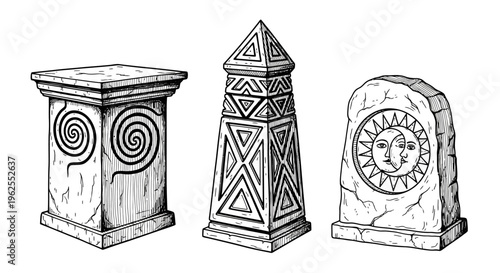 Ancient monument designs: spiral column, geometric obelisk, sun stone